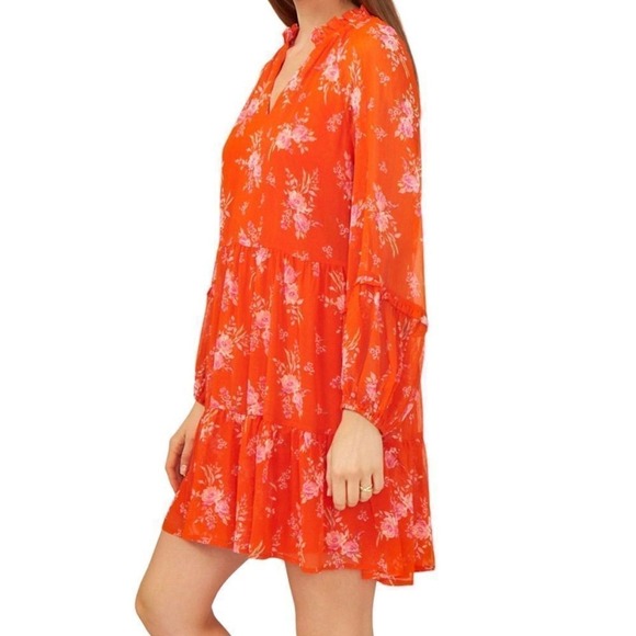 Vince Camuto Orange Pink Floral Tiered Babydoll Mini Dress C3422900 NWT S 365 4 - Picture 6 of 10